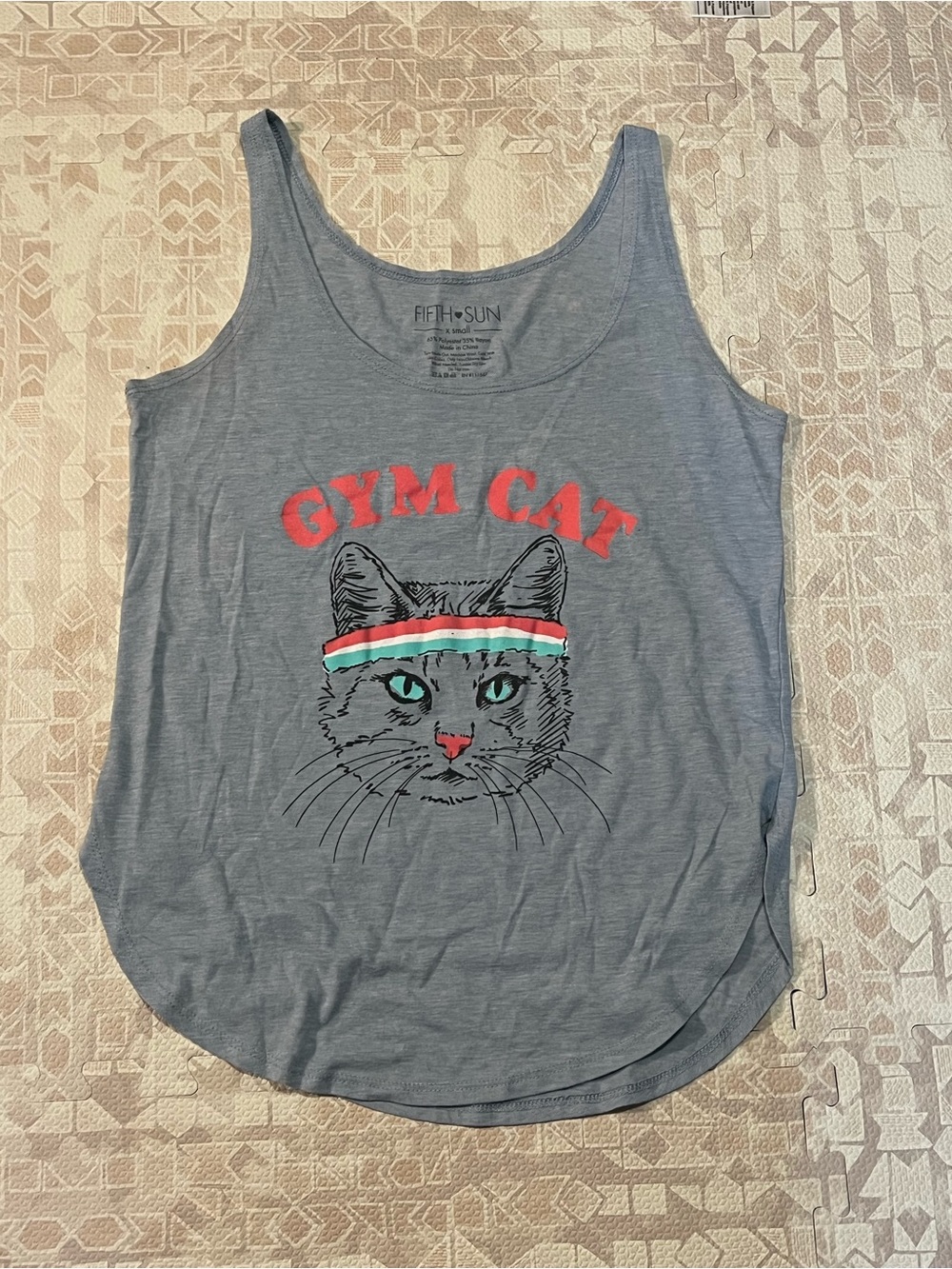 Fifth Sun Gray Tank Top with Red "Gym Cat" Graphic and Teal Accents